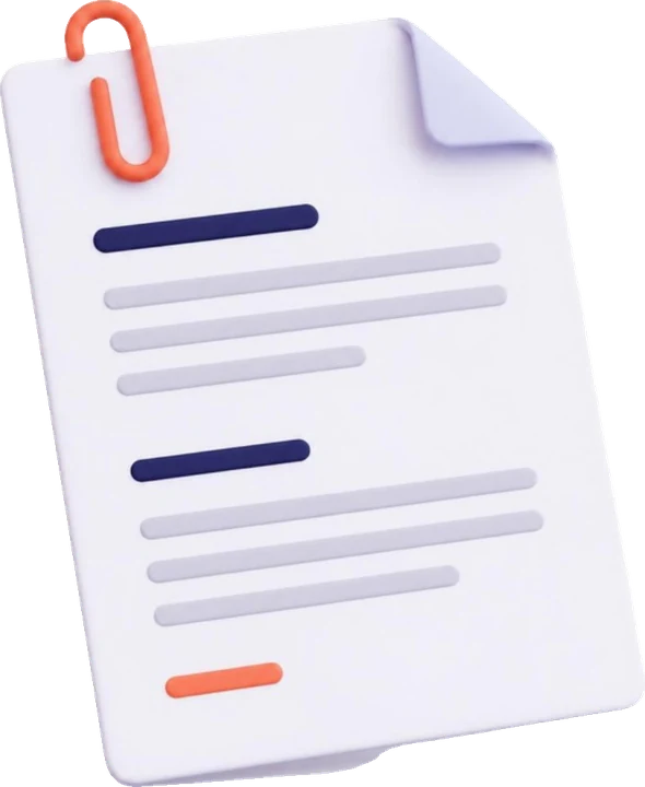 3D illustration of a white paper document with shadowed text lines in dark blue, gray, and orange, and an orange paperclip at the top left corner.