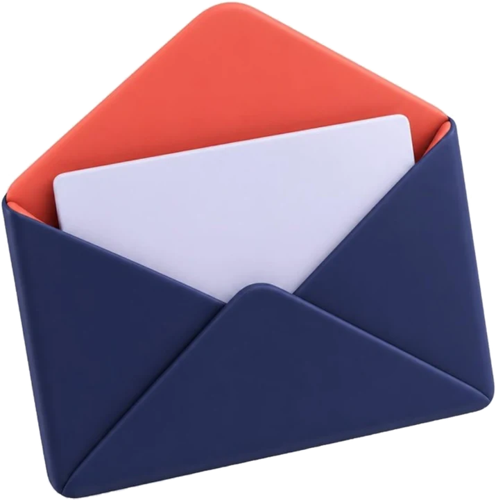 3D rendering of an open envelope with a dark blue exterior and bright orange interior, containing a partially visible white card.