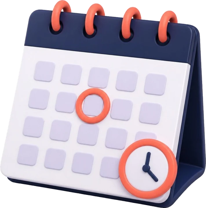 3D illustration of a desktop calendar with a navy blue base and orange rings, showing a grid of days with one day circled, and a clock icon on the bottom right corner.