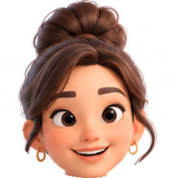 3D animated portrait of a smiling young woman with large eyes, brown hair styled in a bun, and wearing small hoop earrings.