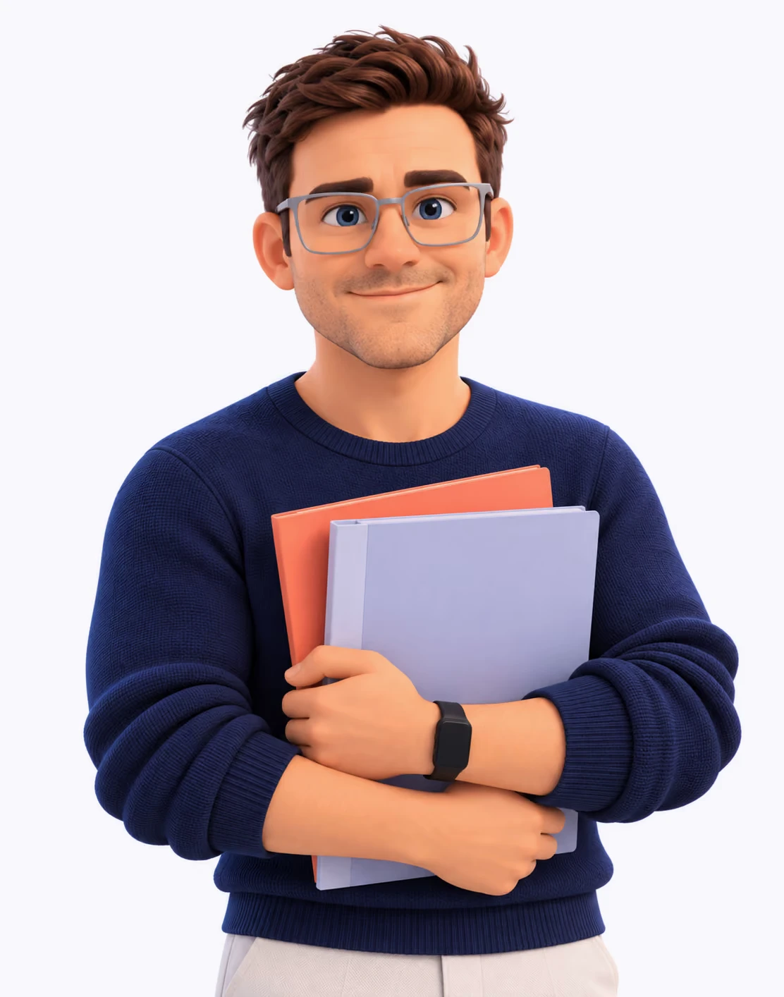 Illustrated Mike, holding a stack of folders