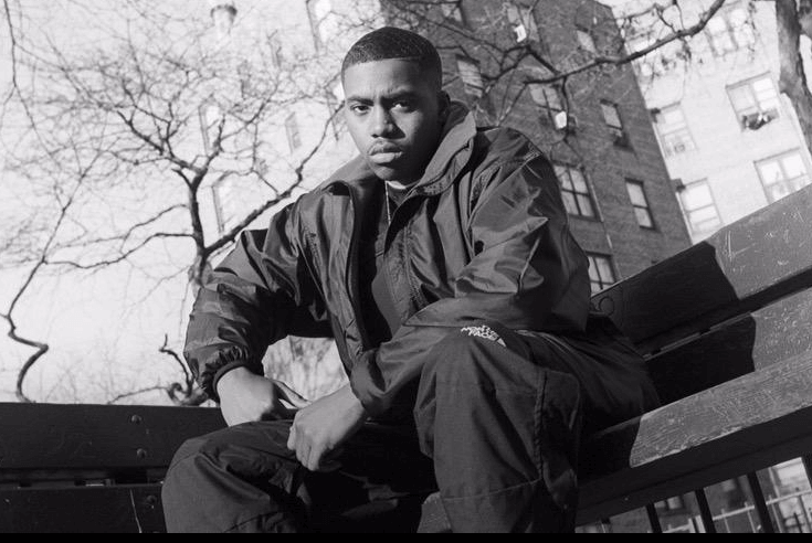 Black and white portrait of a young Nas