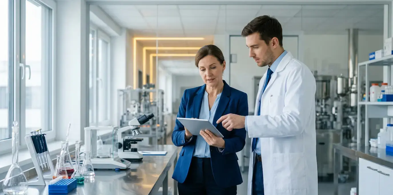 Quality Assurance Managerin und Labortechniker prüfen gemeinsam GxP-Compliance-Daten auf einem Tablet in einem modernen Pharmazie-Labor.