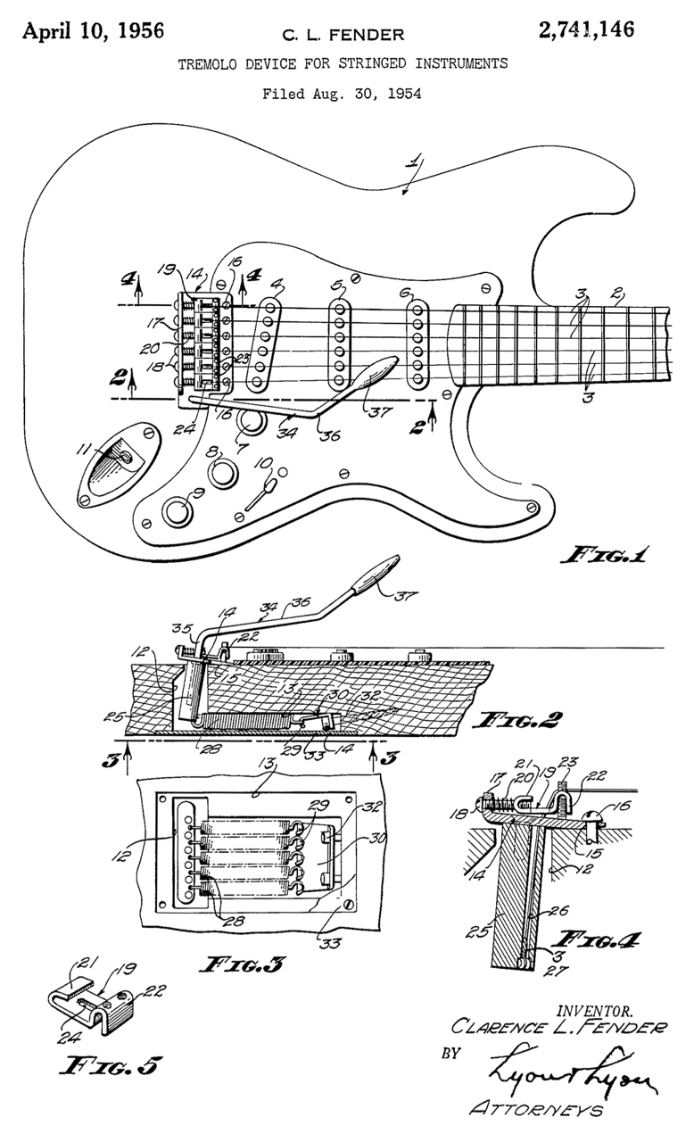 Fender Stratocasterin vibratallan patenttipiirustus
