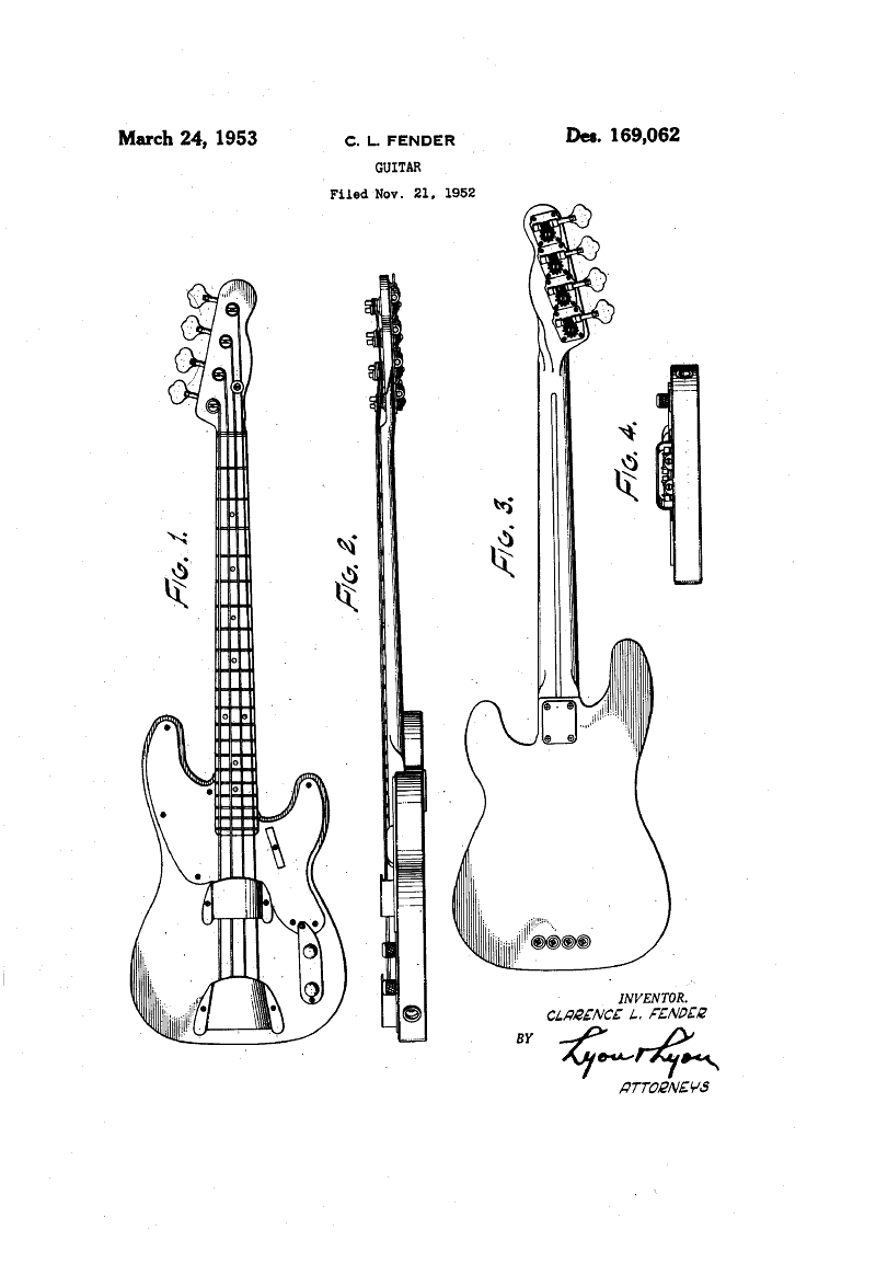 Fender Precision -basson patenttipiirustus vuodelta 1951