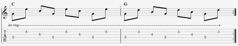 Banjo-roll-harjoituksen tabulatuuri ja sormitukset
