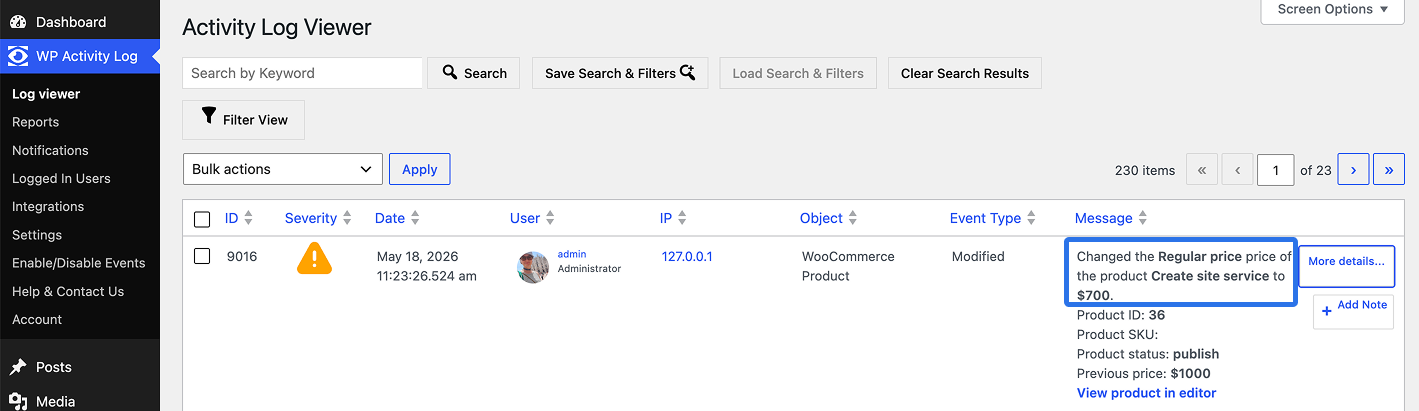 Example of details logged after product price change