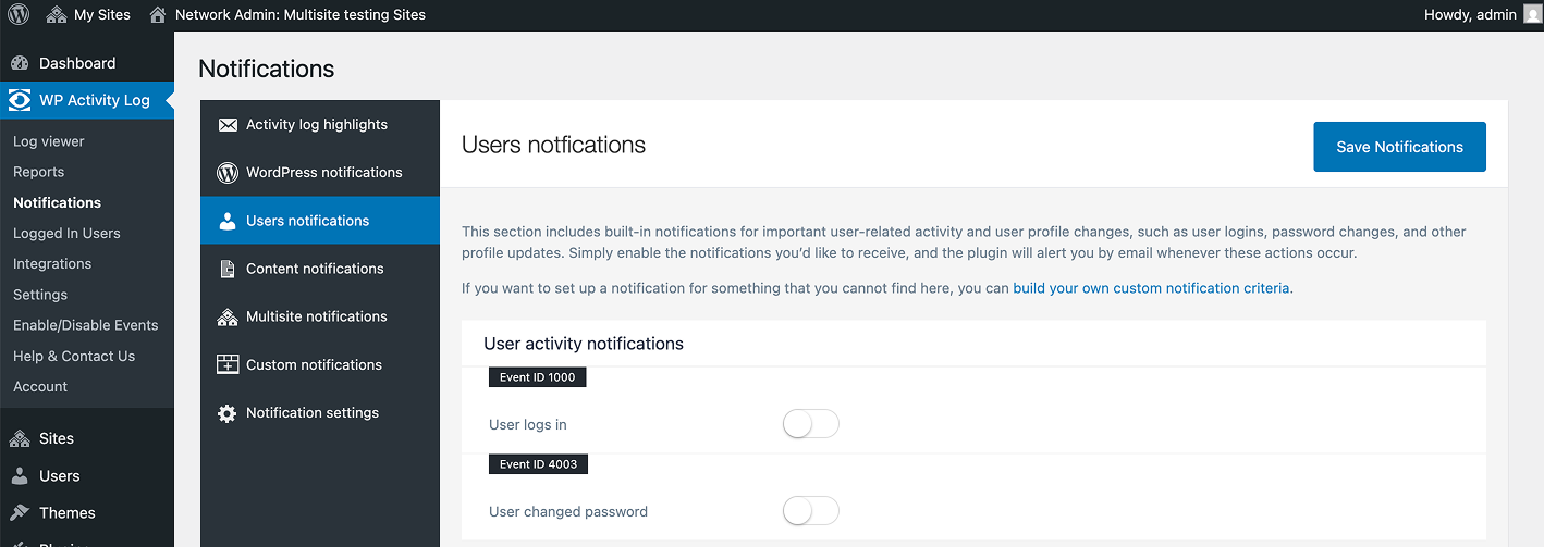 notifications setup in WP Activity Log