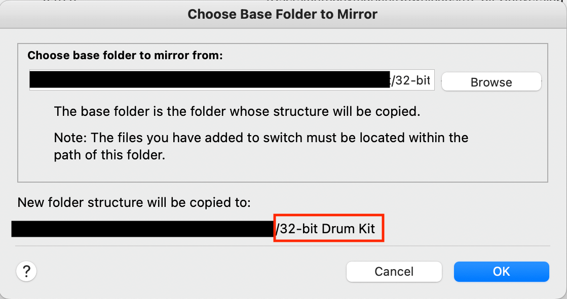 Choosing your base folder to mirror in Switch Audio File Converter