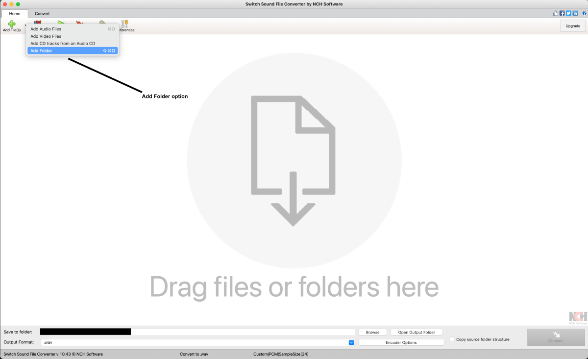 Showing how to add a folder in Switch Audio File Converter