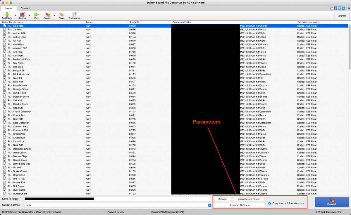 Showing the parameters section of Switch Audio File Converter