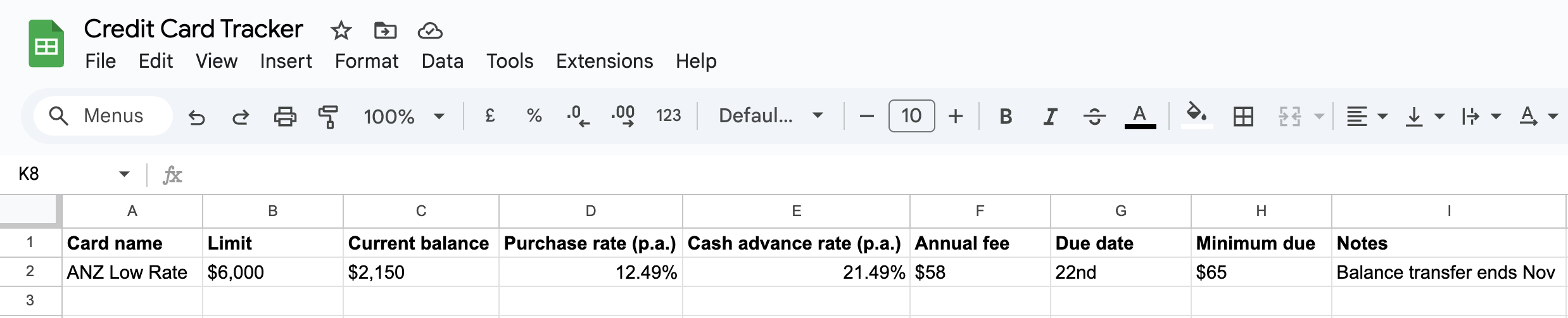 Credit card tracker spreadsheet template screenshot