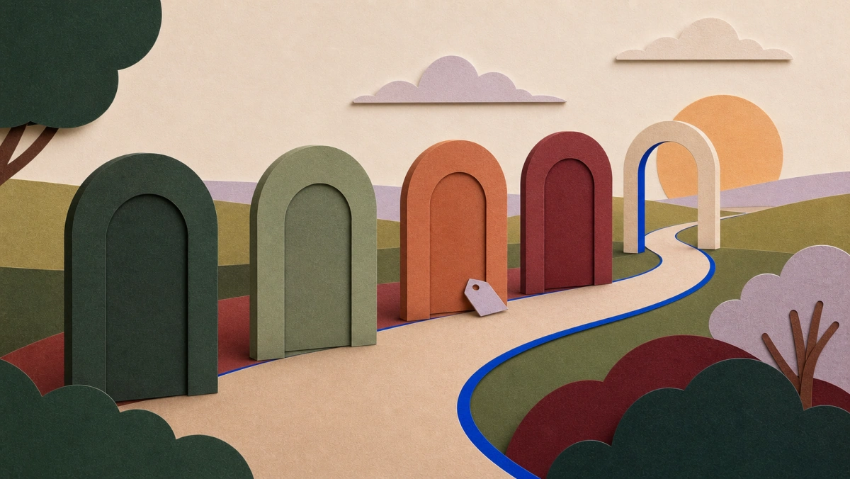 Cut-paper illustration of gates closing along a path