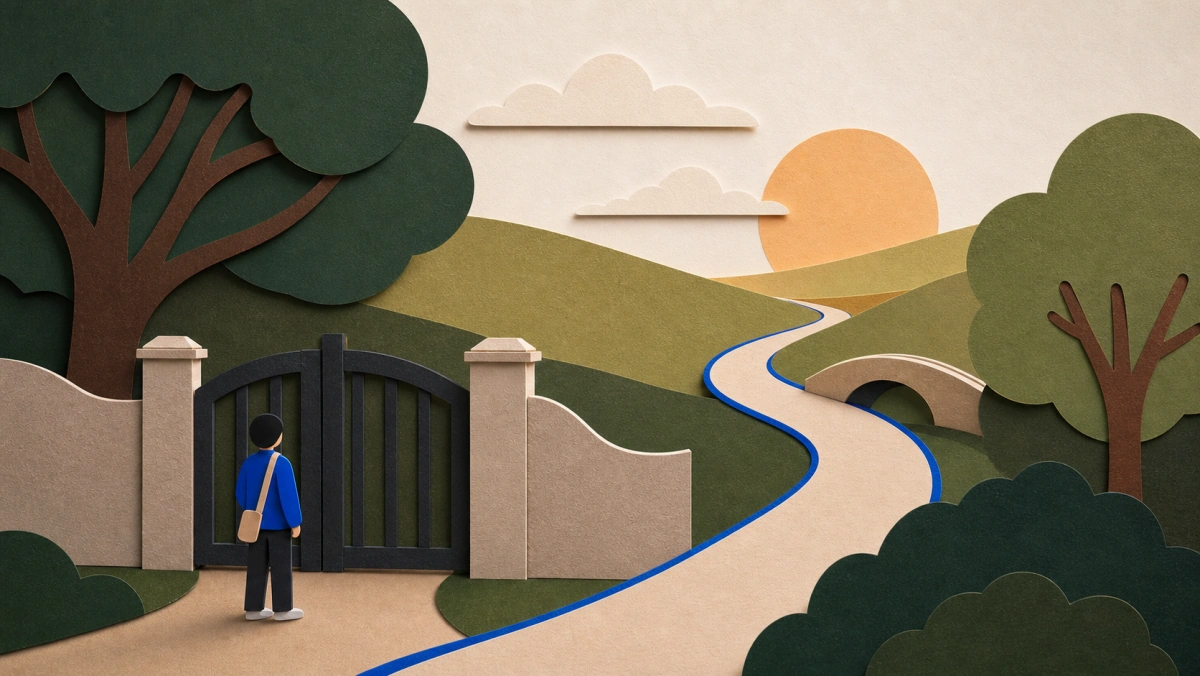 Cut-paper illustration of a closed gate beside a new path