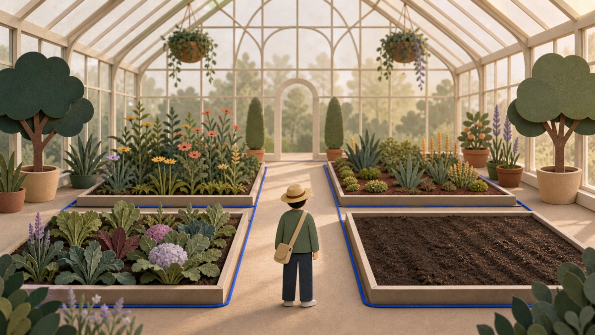 Miniature paper-craft greenhouse with four equal garden beds receiving different treatments