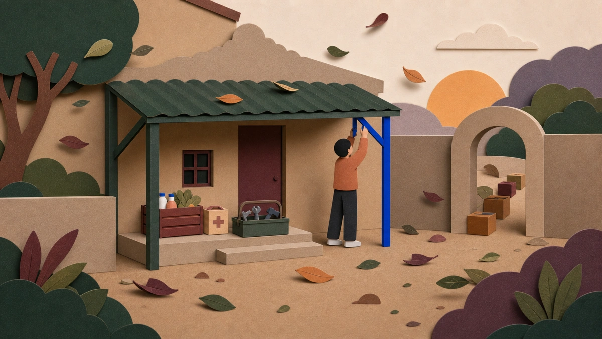 Miniature paper-craft courtyard where a small awning shelters household supplies during windy weather