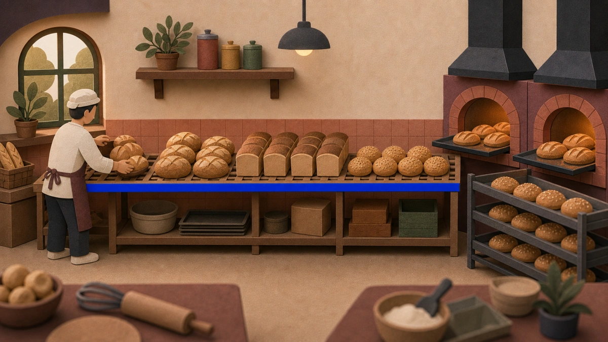 Miniature paper-craft bakery where bread leaves a long shelf while fresh batches arrive