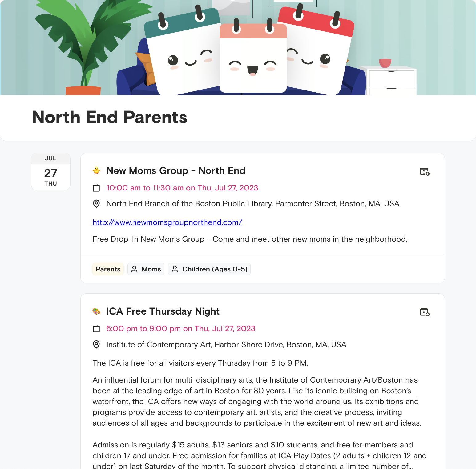 Screenshot of an Agenda Hero schedule containing events for parents of young children in Boston's North End