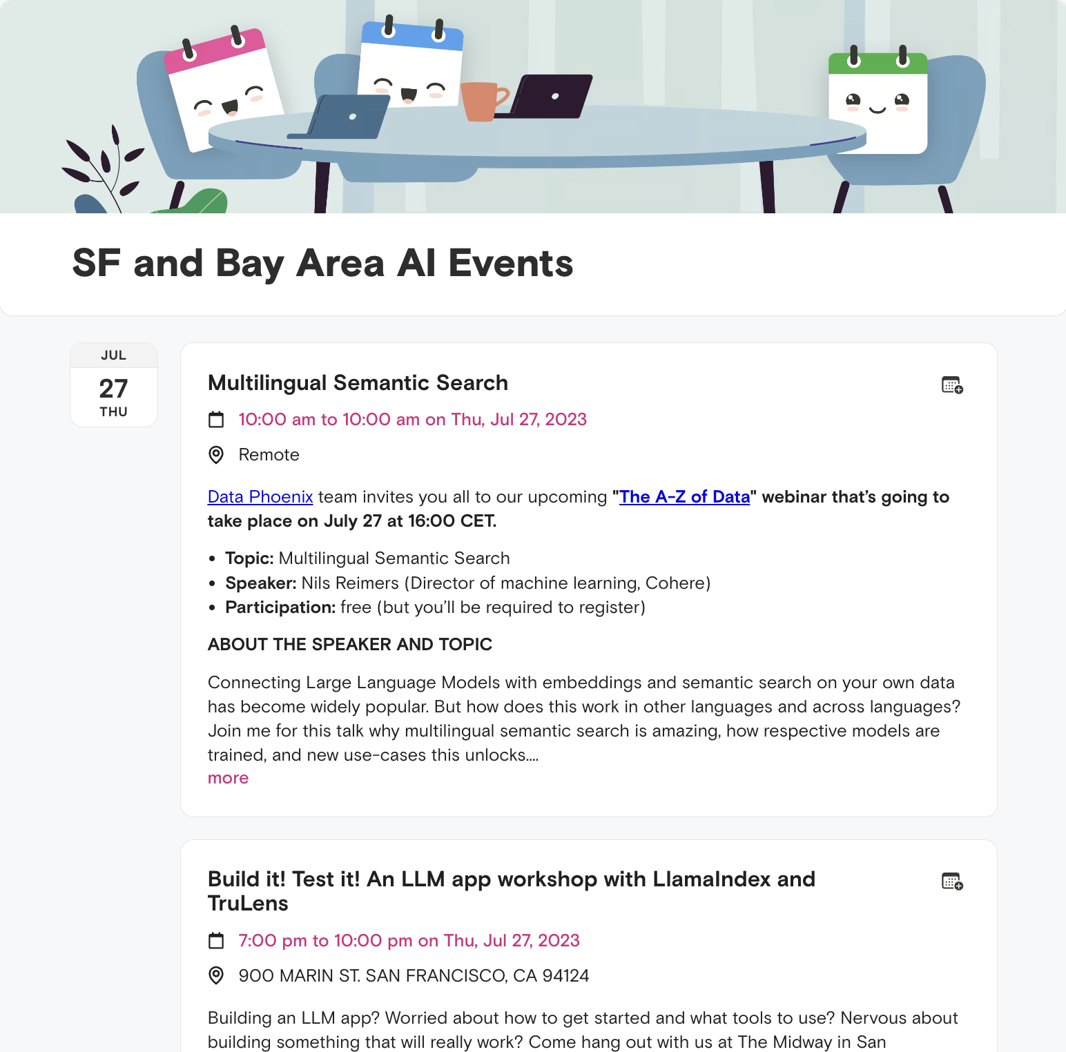 Screenshot of an Agenda Hero schedule containing events for AI topics hosted in the San Francisco Bay Area