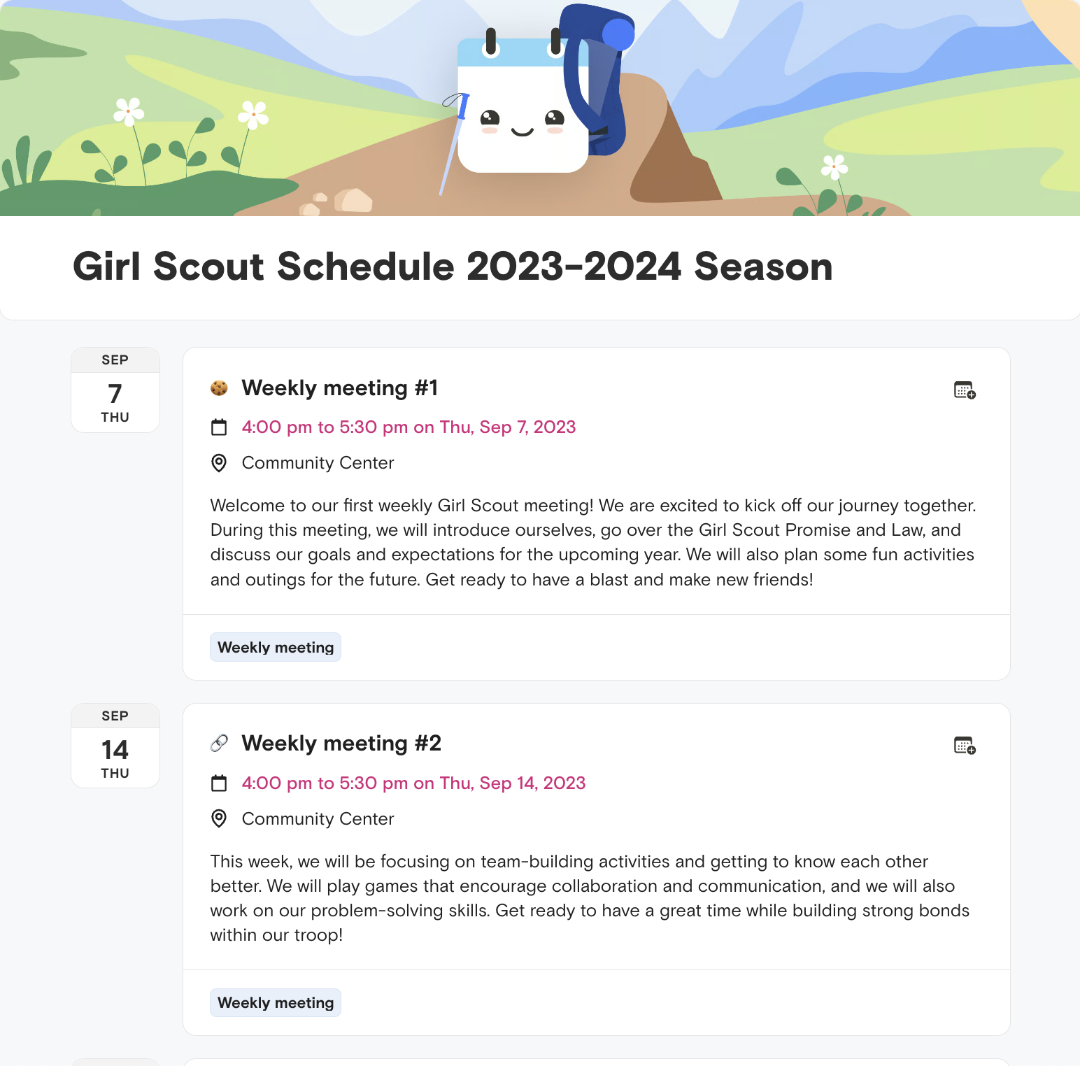 Screenshot of an Agenda Hero schedule containing events for a girl scout troop