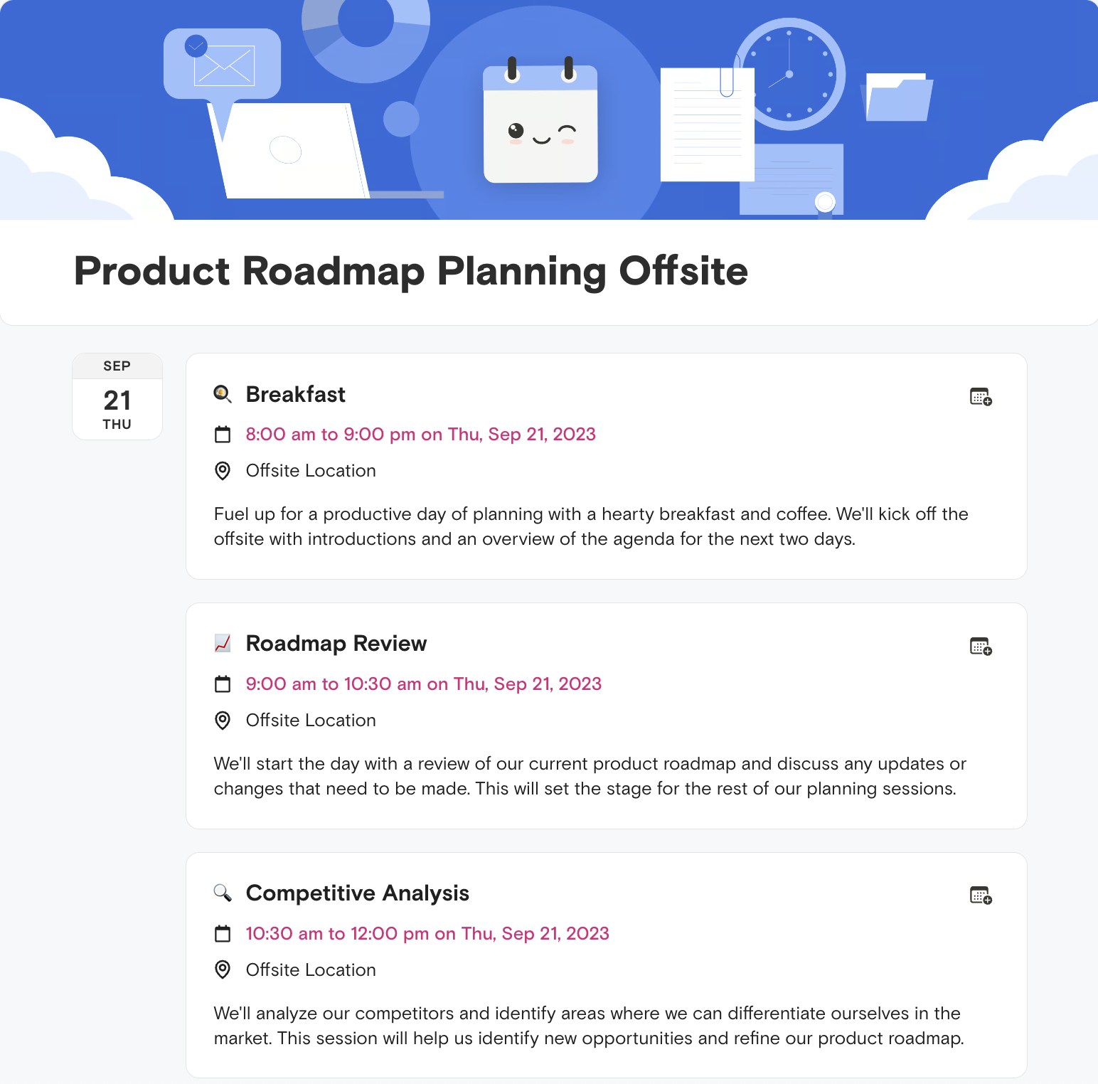 Screenshot of an Agenda Hero schedule containing events for a company offsite to discuss the roadmap