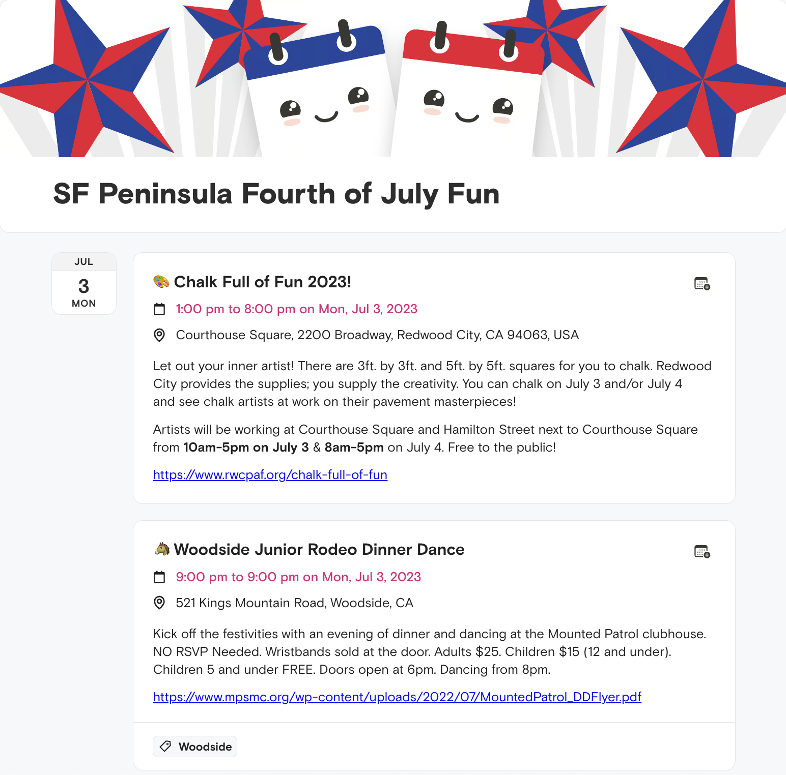 Screenshot of an Agenda Hero schedule containing events for the 4th of July weekend in the San Francisco Bay Area