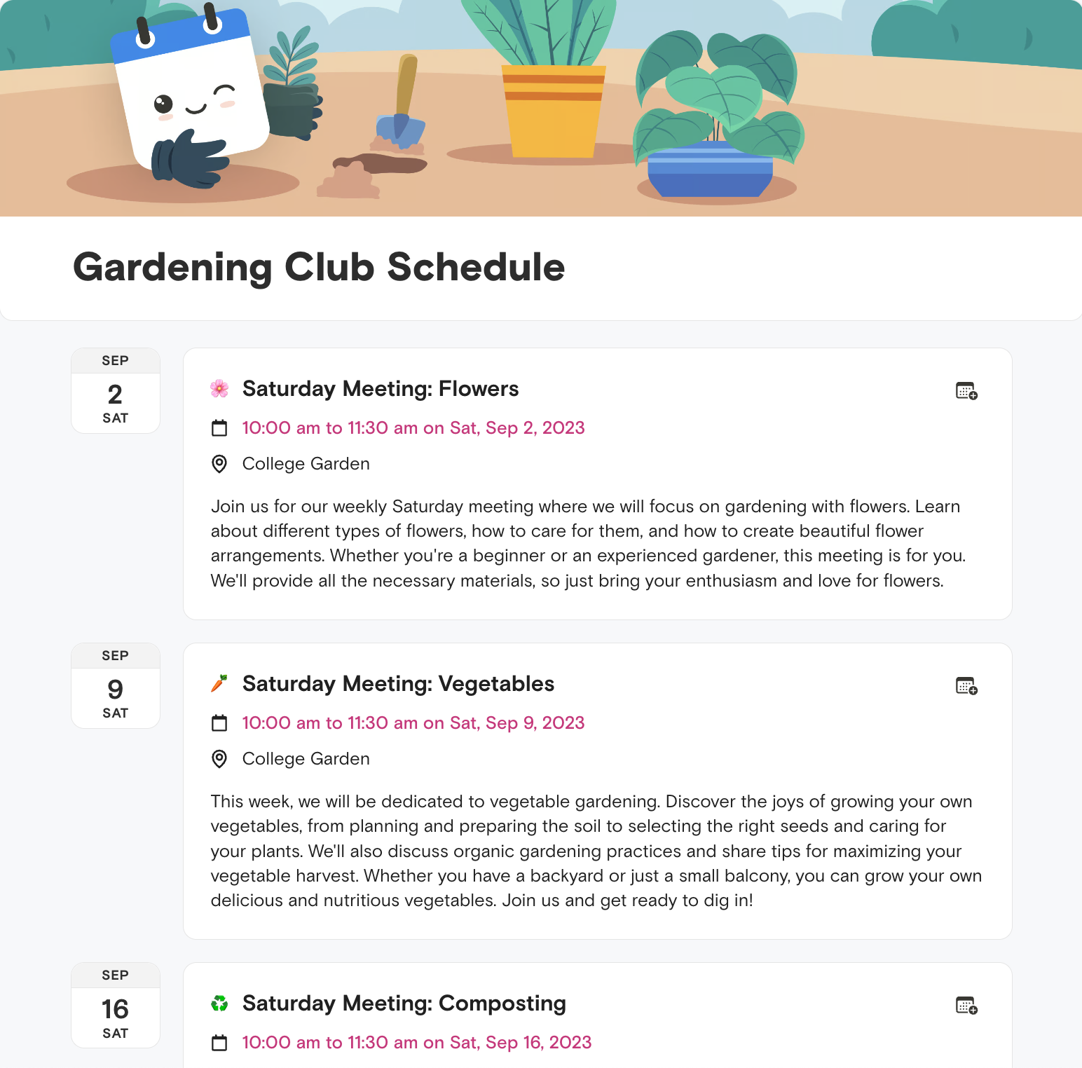 Screenshot of an Agenda Hero schedule containing events for a gardening club to meet