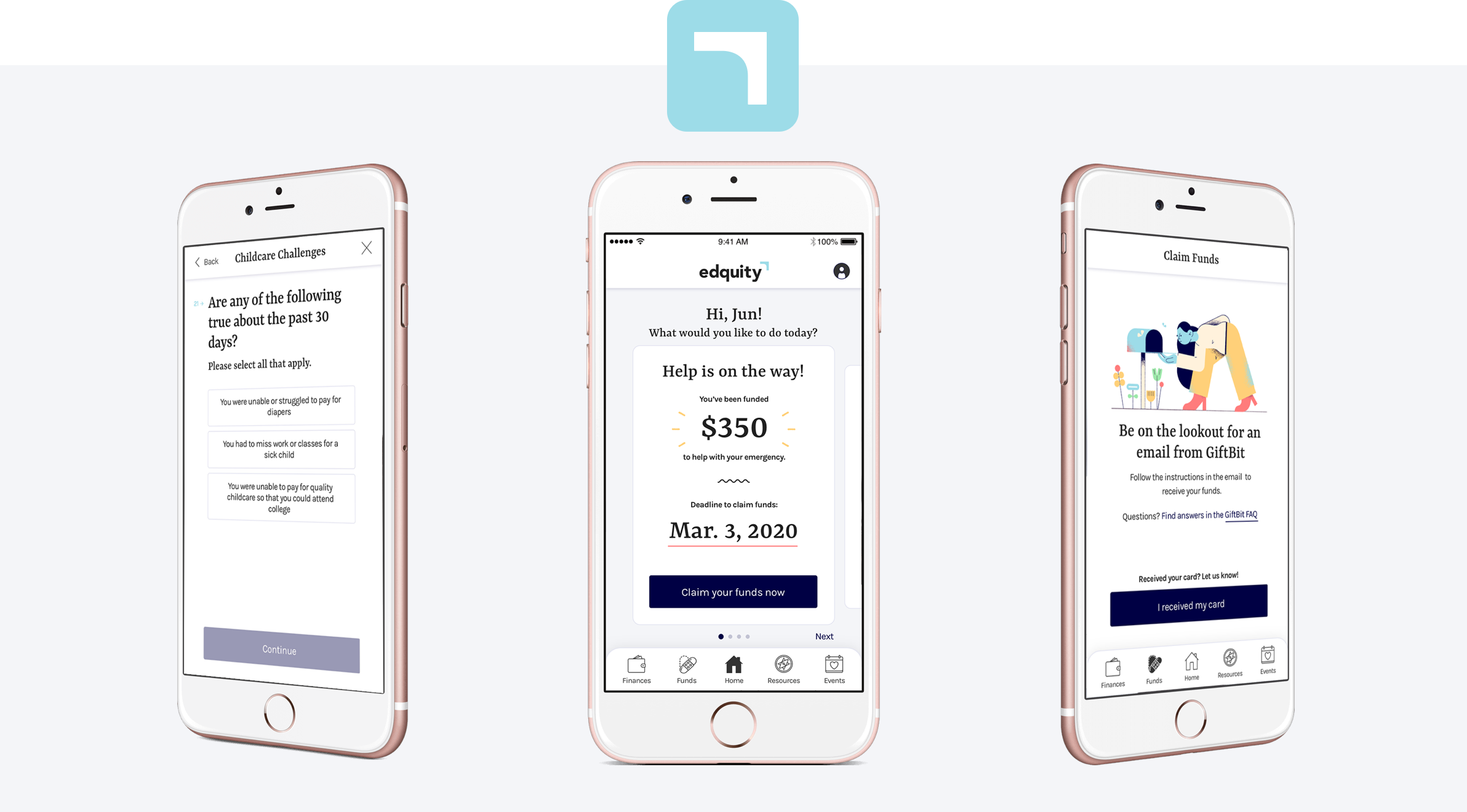 A display of 3 phone mockups showing the Edquity app