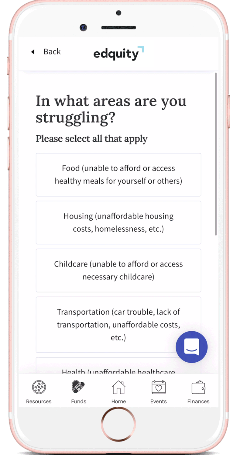 A phone prototype showing the different challenge categories on the Edquity app