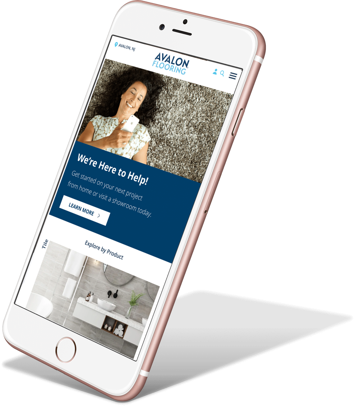 Phone mockup with Avalon Flooring homepage