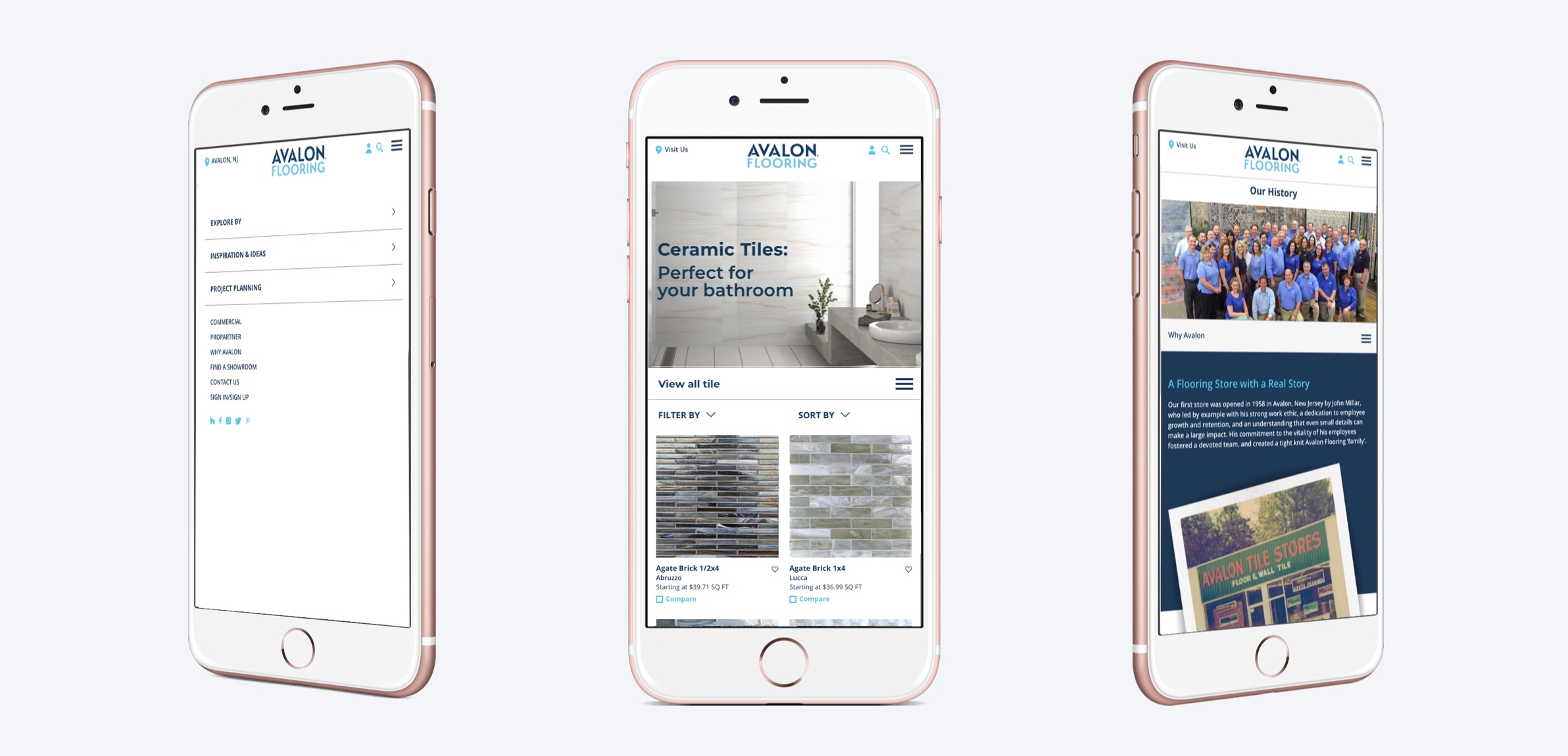 Phone display showing 3 screens from the Avalon Flooring website