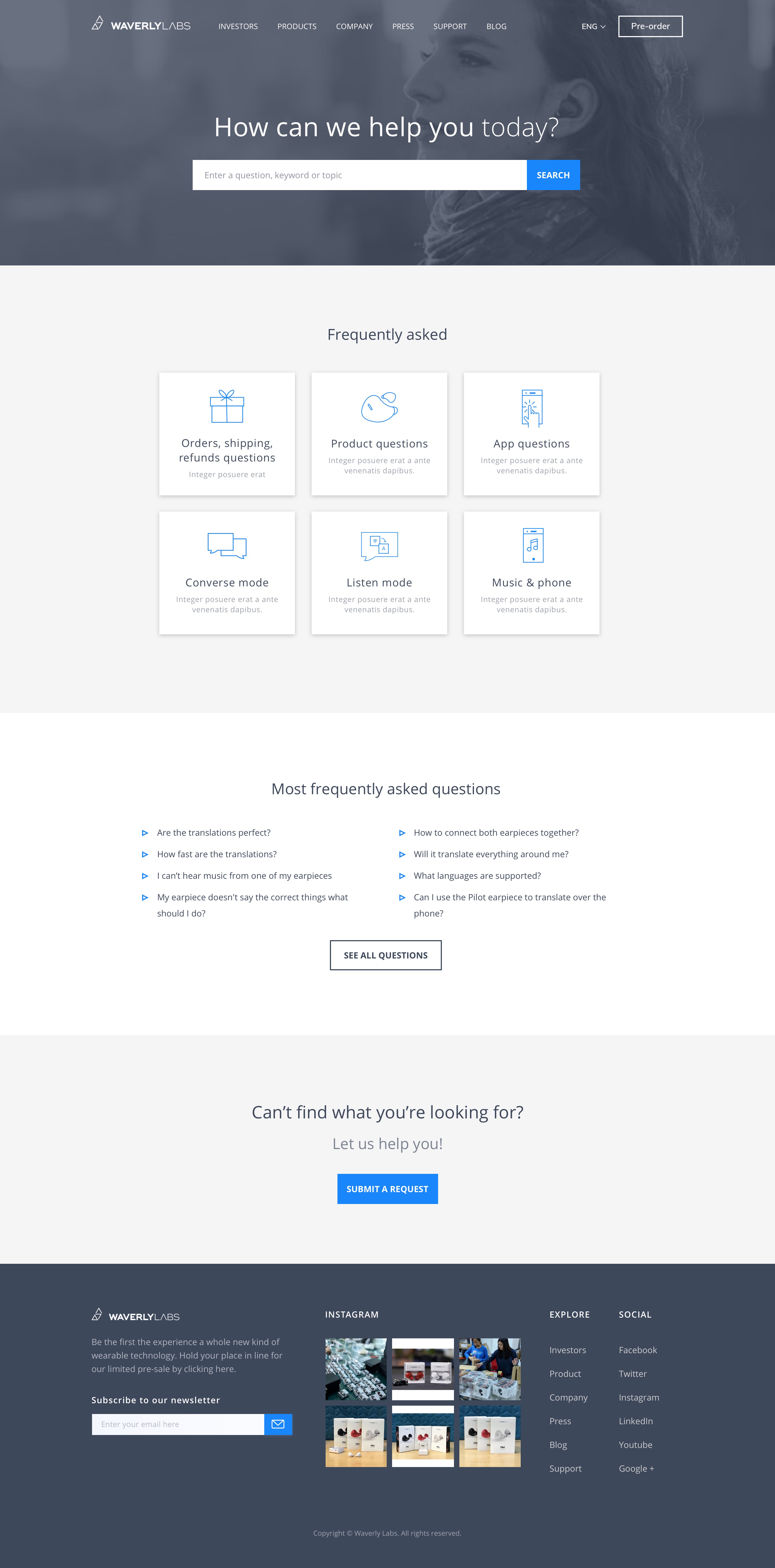 Support hub page from final Waverly Labs website design