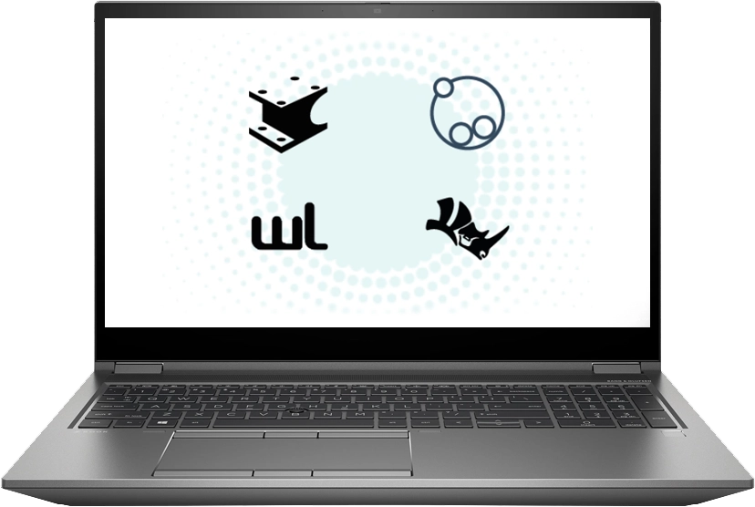 Laptop med IRONCAD, DDM, WoodLAB och Rhinoceros logo
