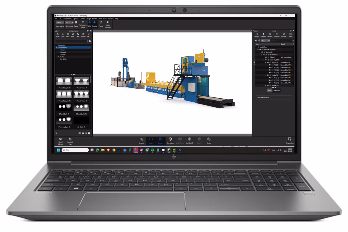Open laptop displaying a 3D CAD software interface with a detailed industrial machinery model in the workspace.
