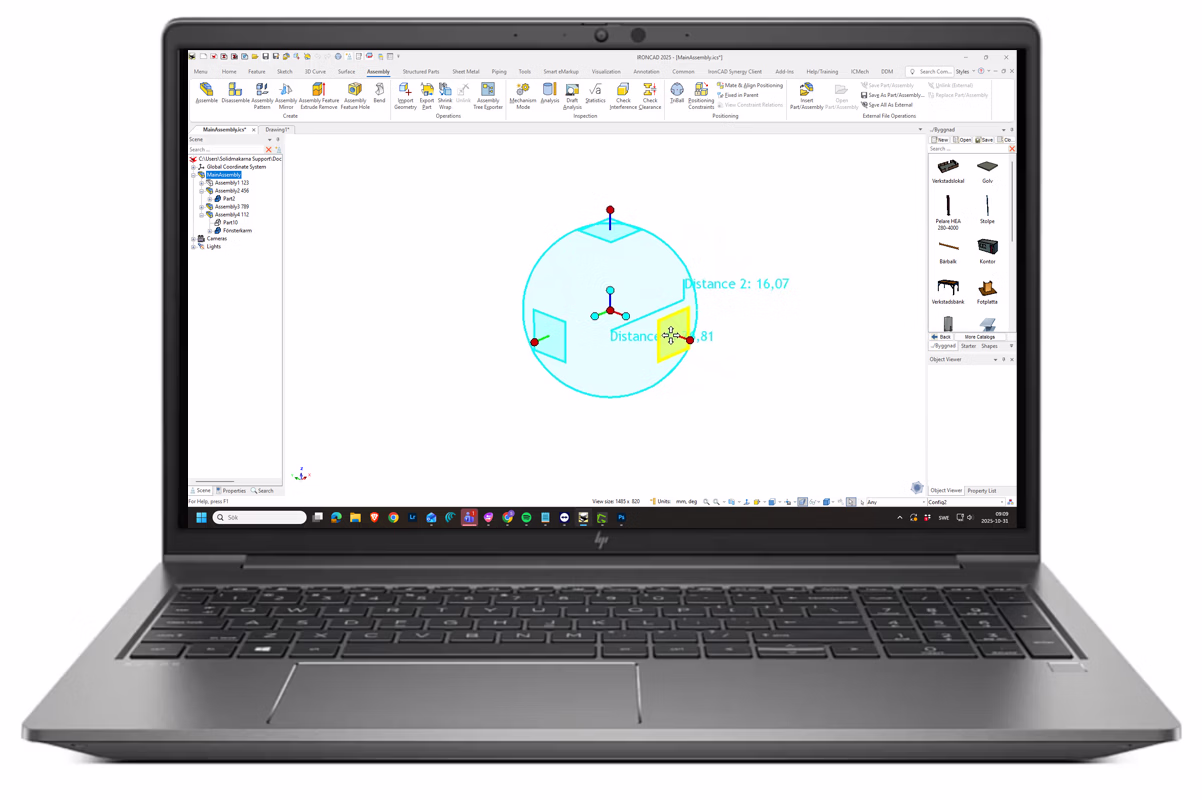 HP laptop displaying IRONCAD 3D CAD software with a 3D model showing distance measurements.