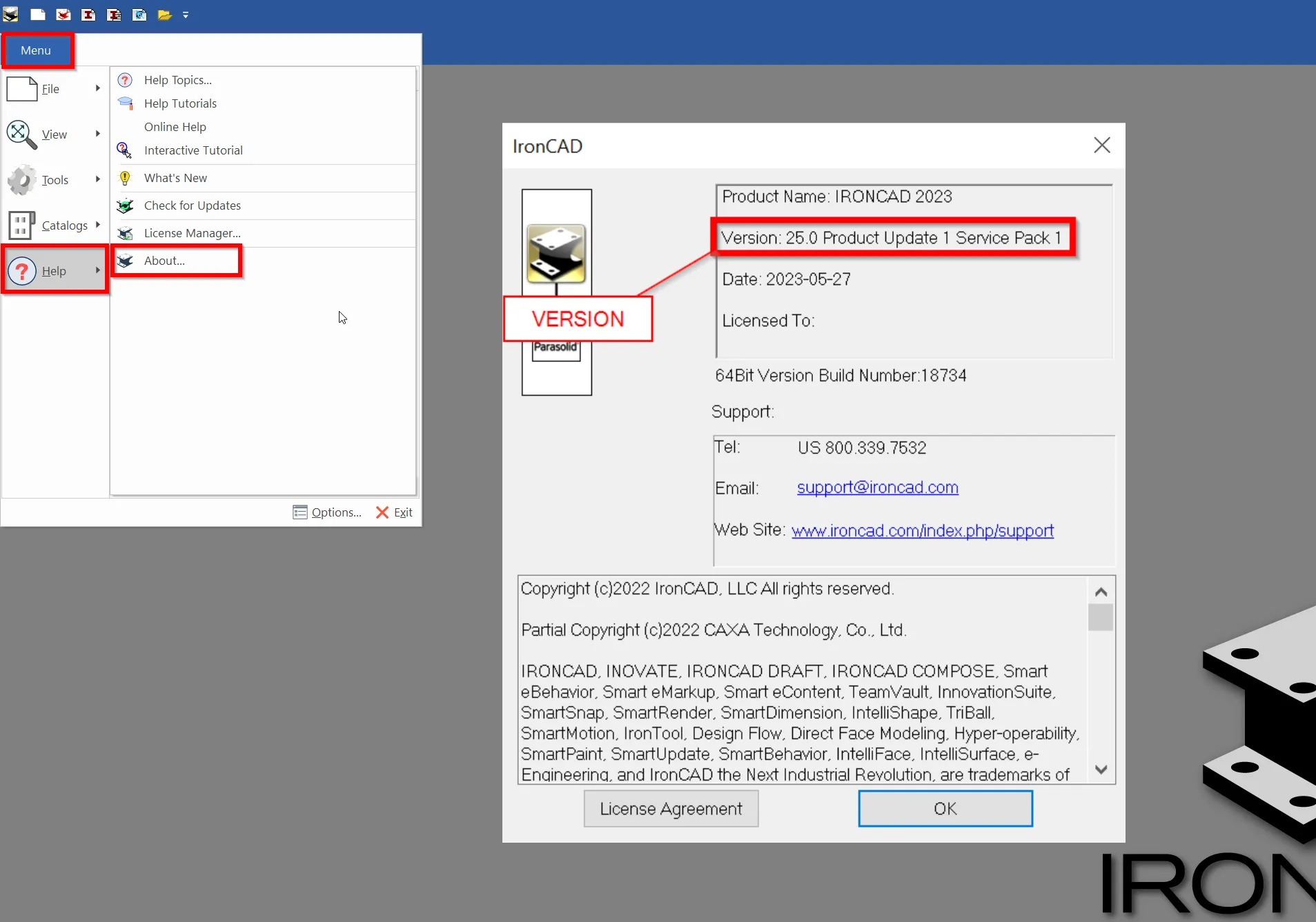 IronCAD software showing the menu navigation to Help then About, highlighting the version as 25.0 Product Update 1 Service Pack 1 with support contact details.