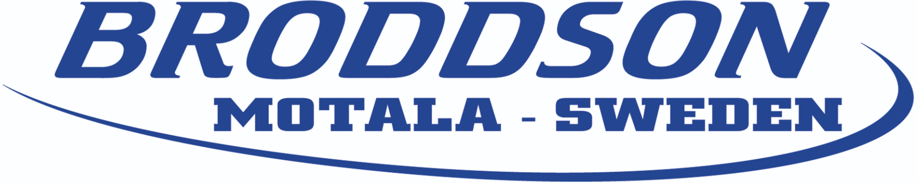 Logo with the word BRODDSON in bold uppercase letters above MOTALA - SWEDEN, all in blue with a curved swoosh underneath.