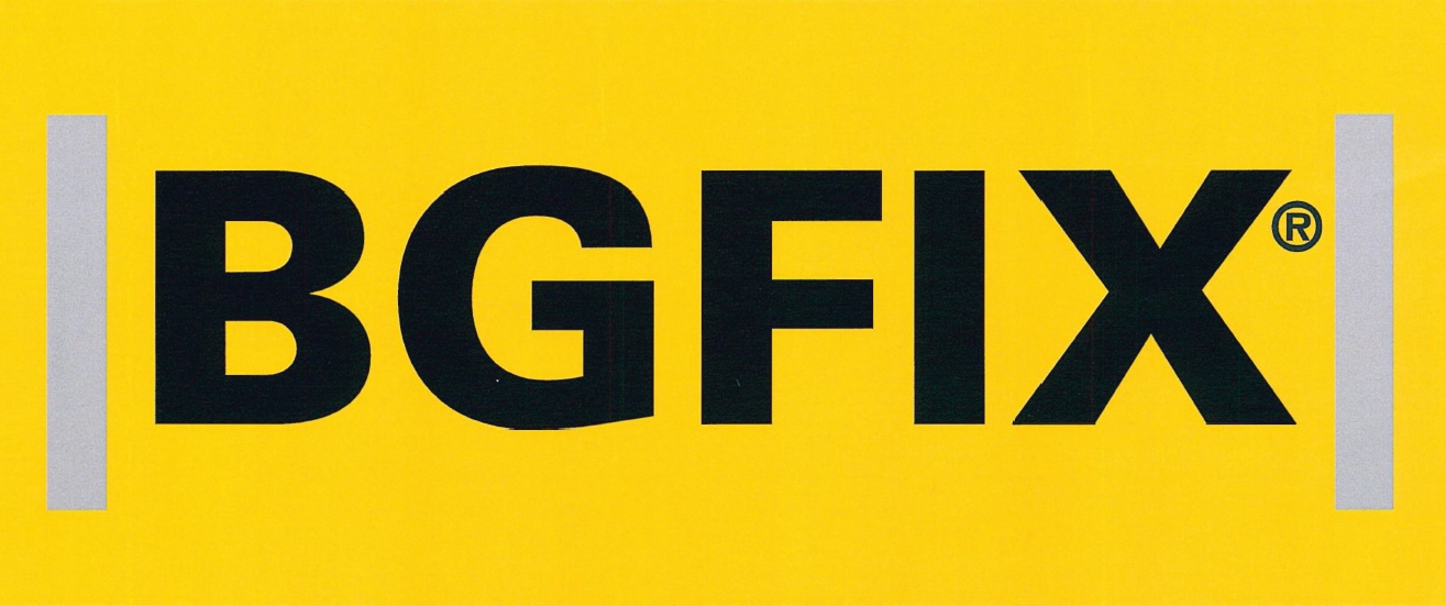 BGFIX® brand name in bold black letters on a yellow background with vertical gray bars on each side.