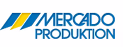 Logo of Mercado Produktion with stylized blue and yellow diagonal stripes.