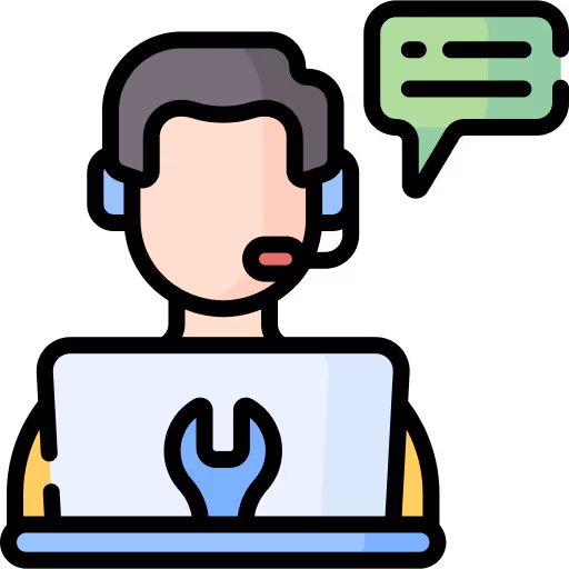 Illustration of a technical support agent wearing a headset and working on a laptop with a wrench symbol and a chat bubble above.