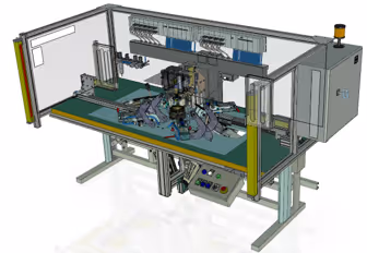 Industrial machine workstation with transparent protective enclosure and control panel on a metal frame.