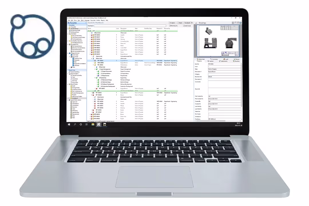 Silver laptop displaying a technical project management software interface with folders, task lists, and drawing previews.