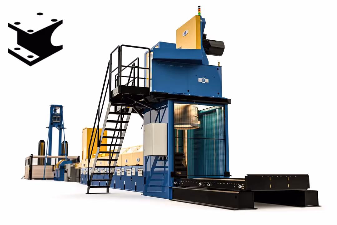 Large industrial machine with blue and yellow components, including stairs and a conveyor system.