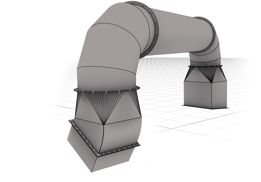 3D rendered gray industrial duct piping with flanged joints on a grid background.