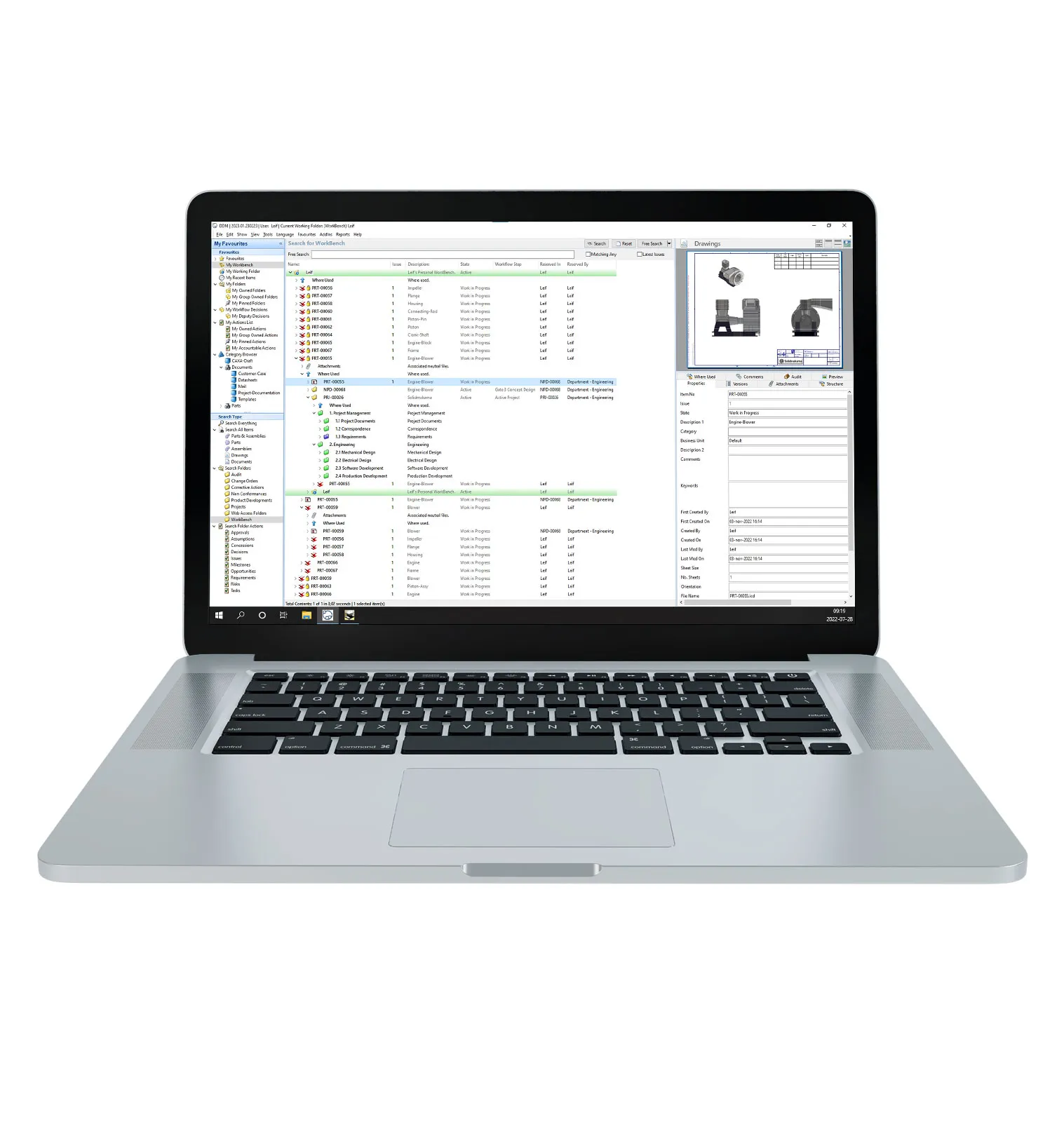 A laptop with a screen displaying a program window showing folders and files listed in various categories, including drawings and detailed properties for a selected object.