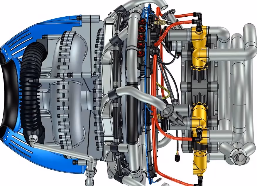 Detailed 3D rendering of a complex jet engine with blue, gray, and yellow components, including pipes, cables, and ventilation parts, viewed from the side.
