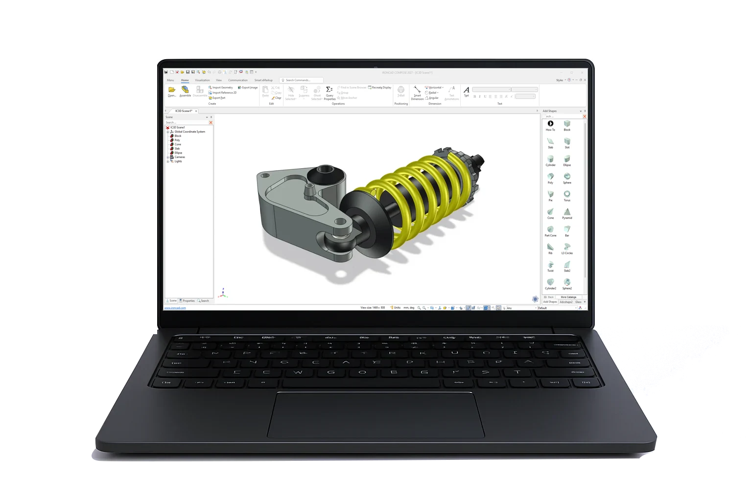En bärbar dator som visar ett 3D CAD-program med en mekanisk fjäder och fästanordning i gul och grå färg på skärmen.