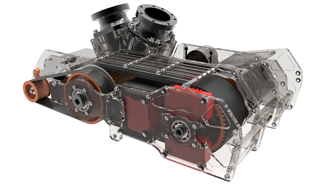 Transparent 3D rendering of a mechanical device with visible gears, belts, and pulleys inside a clear casing.