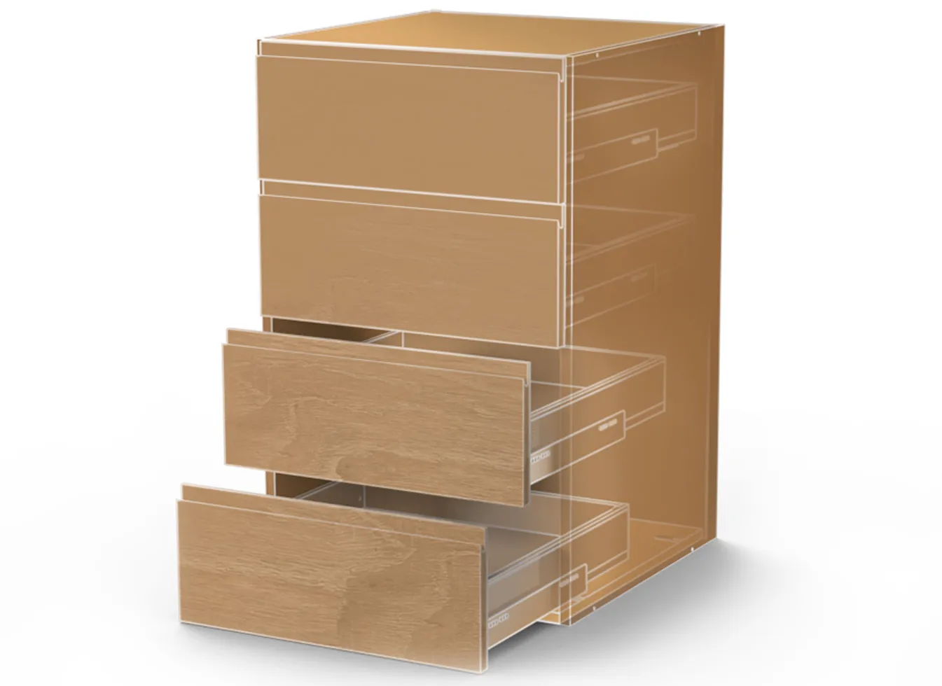 A transparent sketch of a wooden chest of drawers with four drawers, the bottom two of which are pulled out.