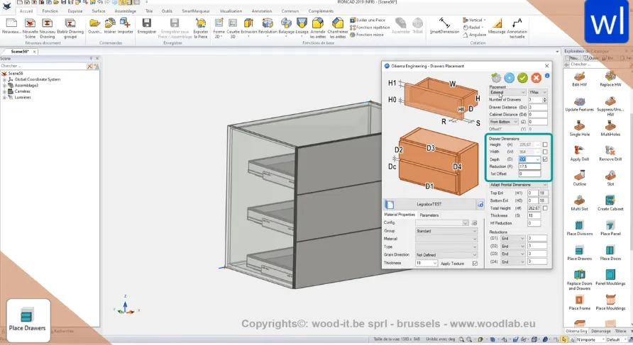 A screenshot of CAD software showing a 3D model of a piece of furniture with drawers and a dialog box for setting the dimensions and placement of the drawers.